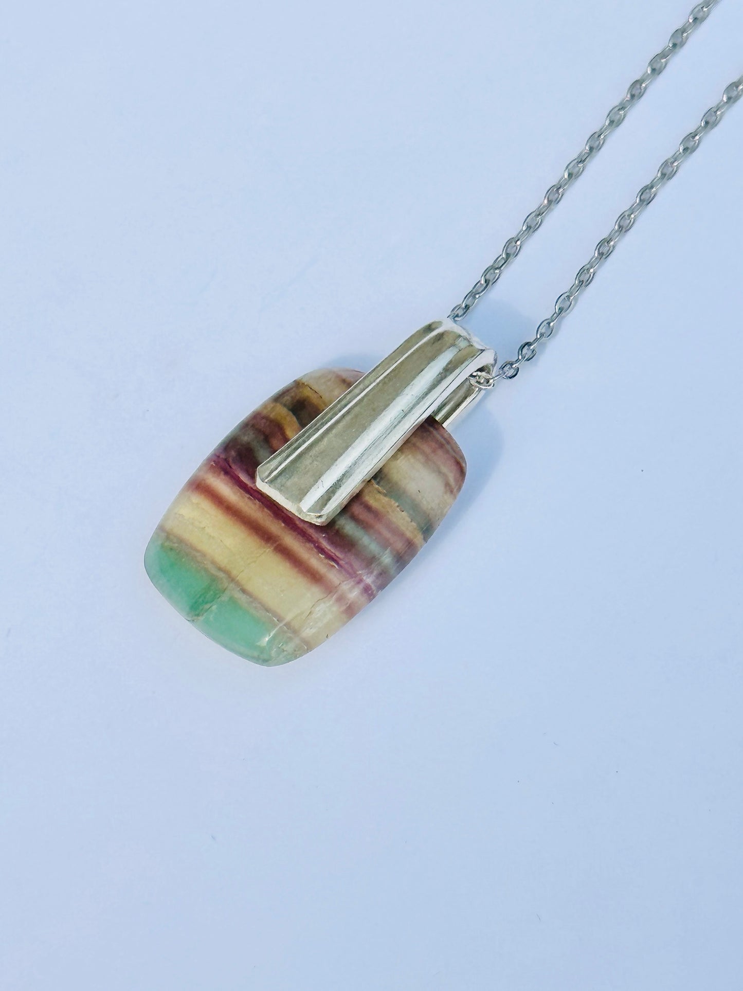 Gemstone Necklace - Rainbow Fluorite with Vintage Silver Bail