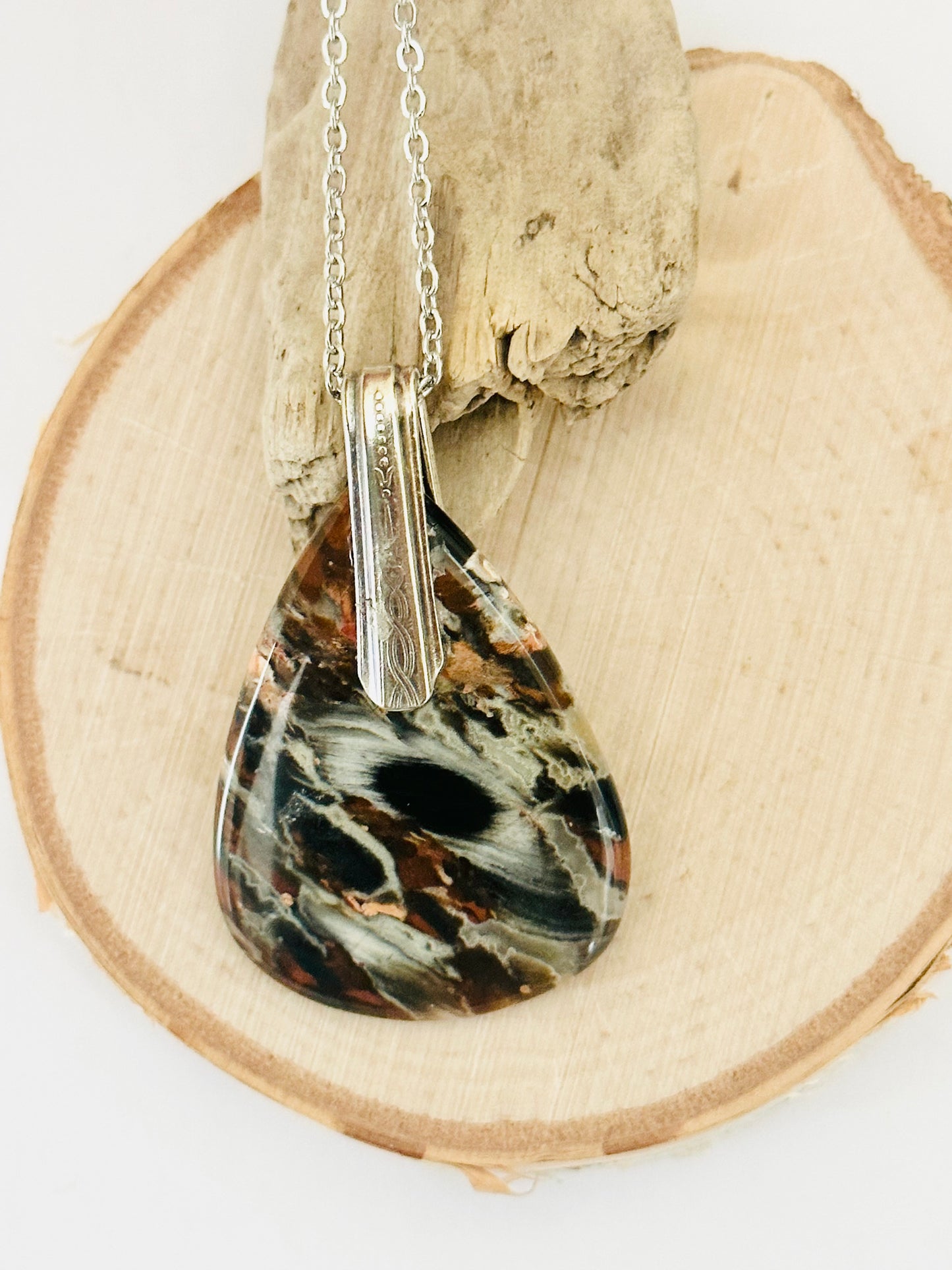Gemstone Necklace - Jasper, Vintage Silver Bail