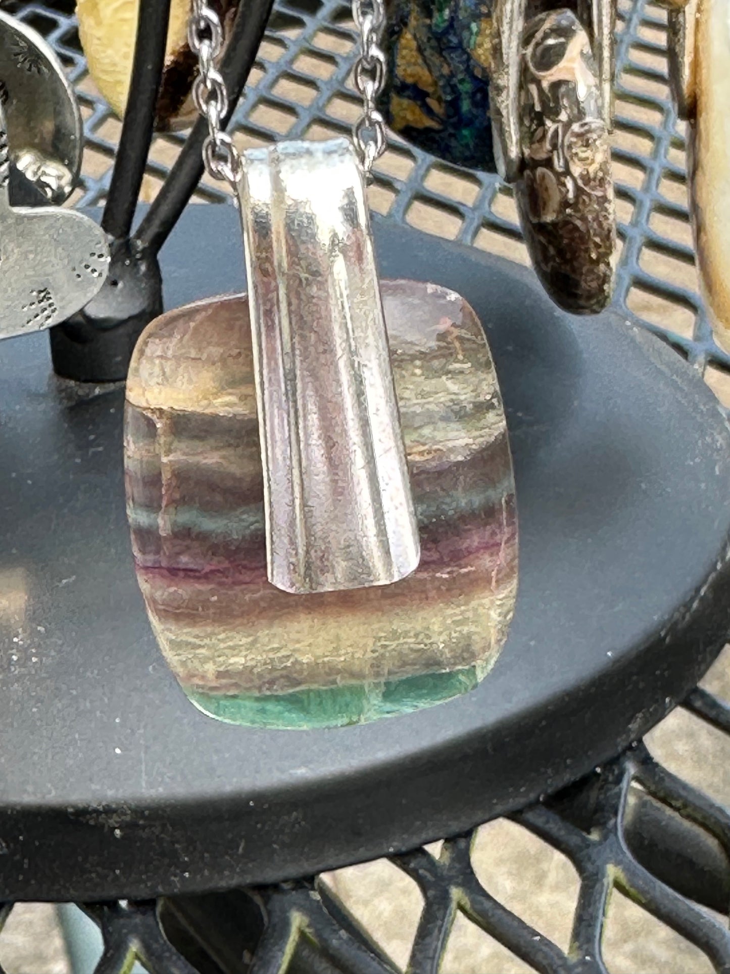 Gemstone Necklace - Rainbow Fluorite with Vintage Silver Bail