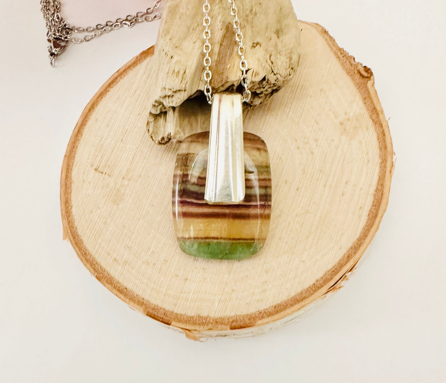Gemstone Necklace - Rainbow Fluorite with Vintage Silver Bail
