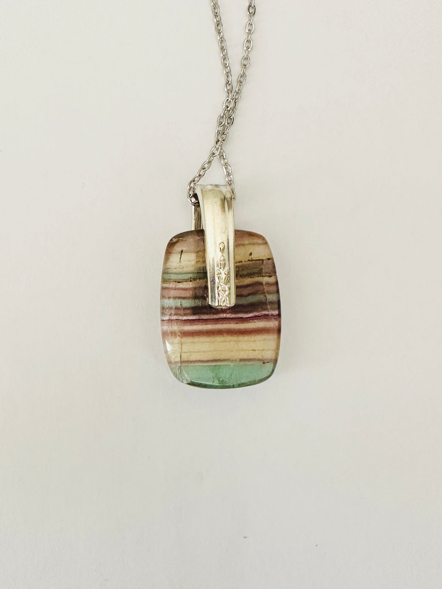 Gemstone Necklace - Rainbow Fluorite with Vintage Silver Bail