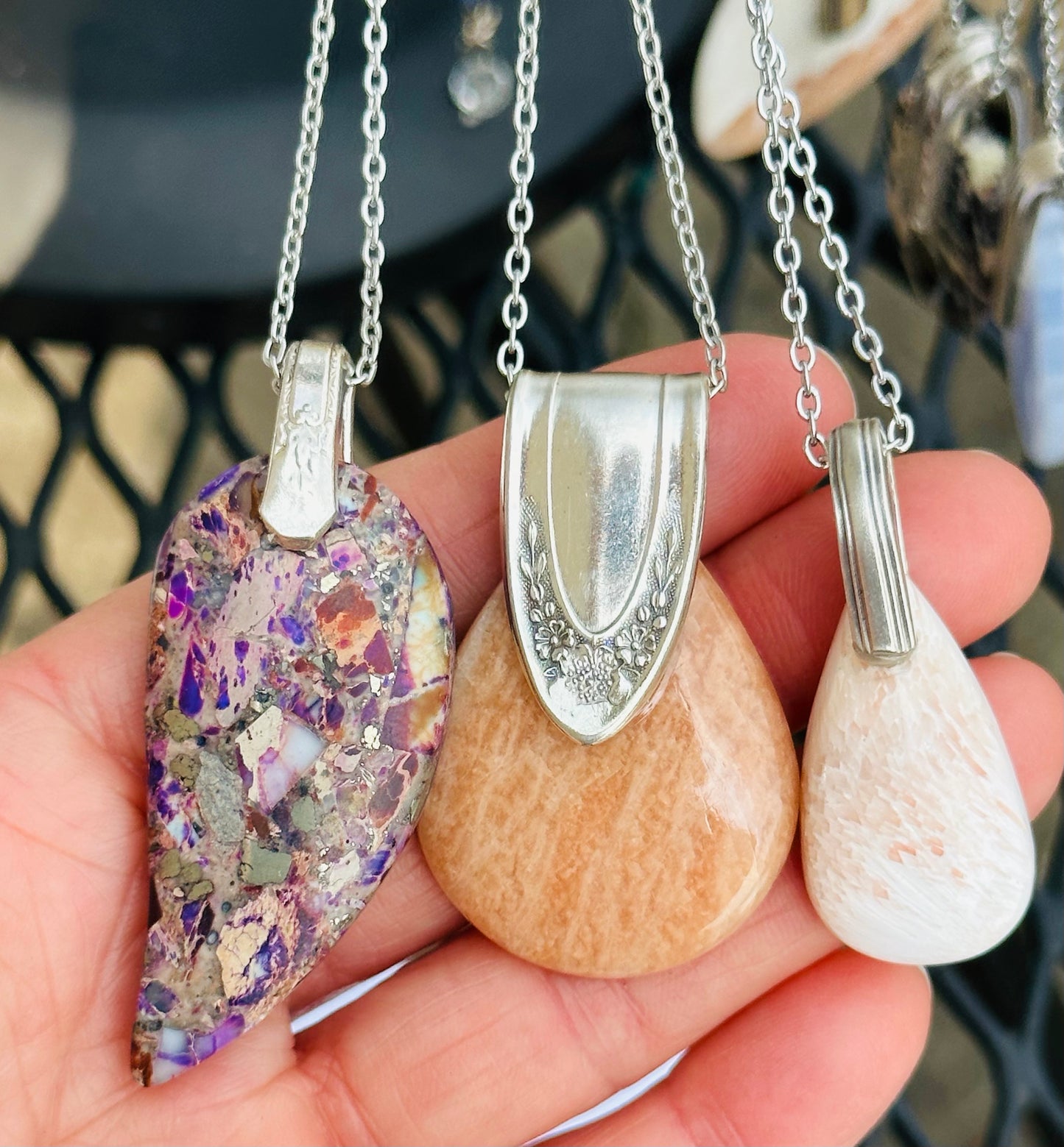 Gemstone Necklace - Scolecite, with Vintage Silver Spoon Bail