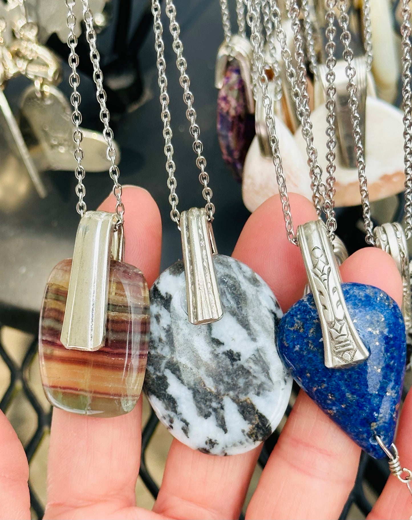 Gemstone Necklace - Rainbow Fluorite with Vintage Silver Bail