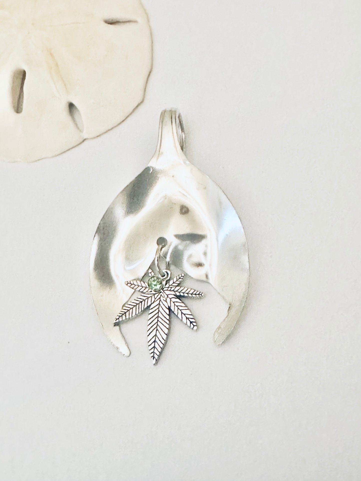 Whale Tail Necklace, Handmade from Vintage .925 Silver Plated Spoon, Cannabis & Green Glass Charms