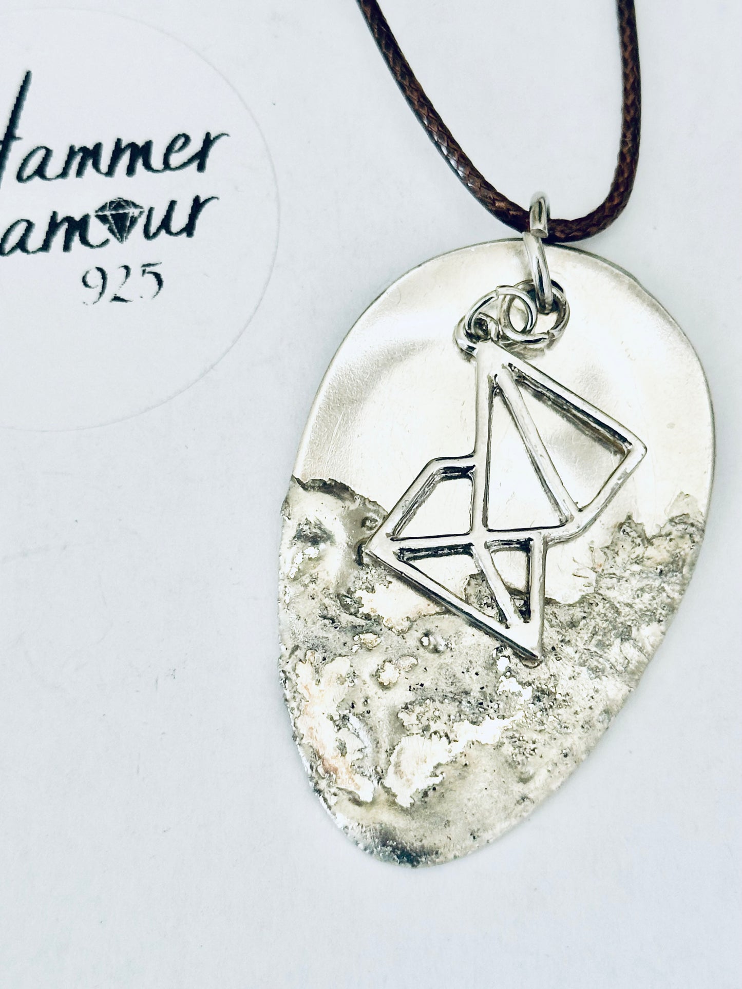 Spoon Necklace with Geometric Charm, Soldered and Hand Stamped Vintage Silver Plated