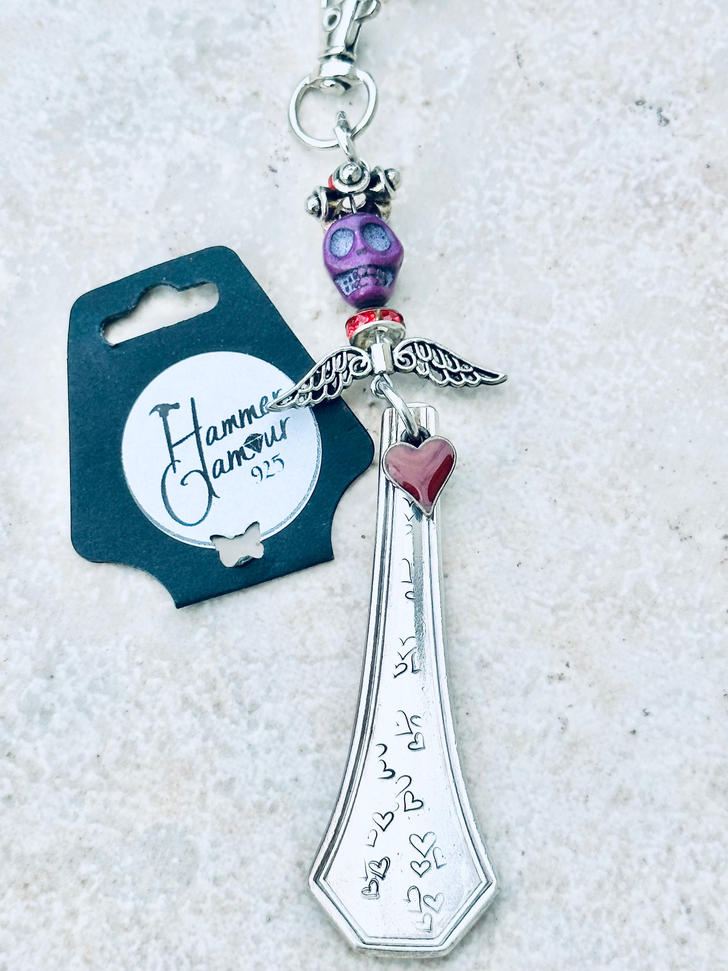 Spoon Handle Keychains, Purse Charm, Hand Stamped Hearts with Purple Skull & Angel Wings