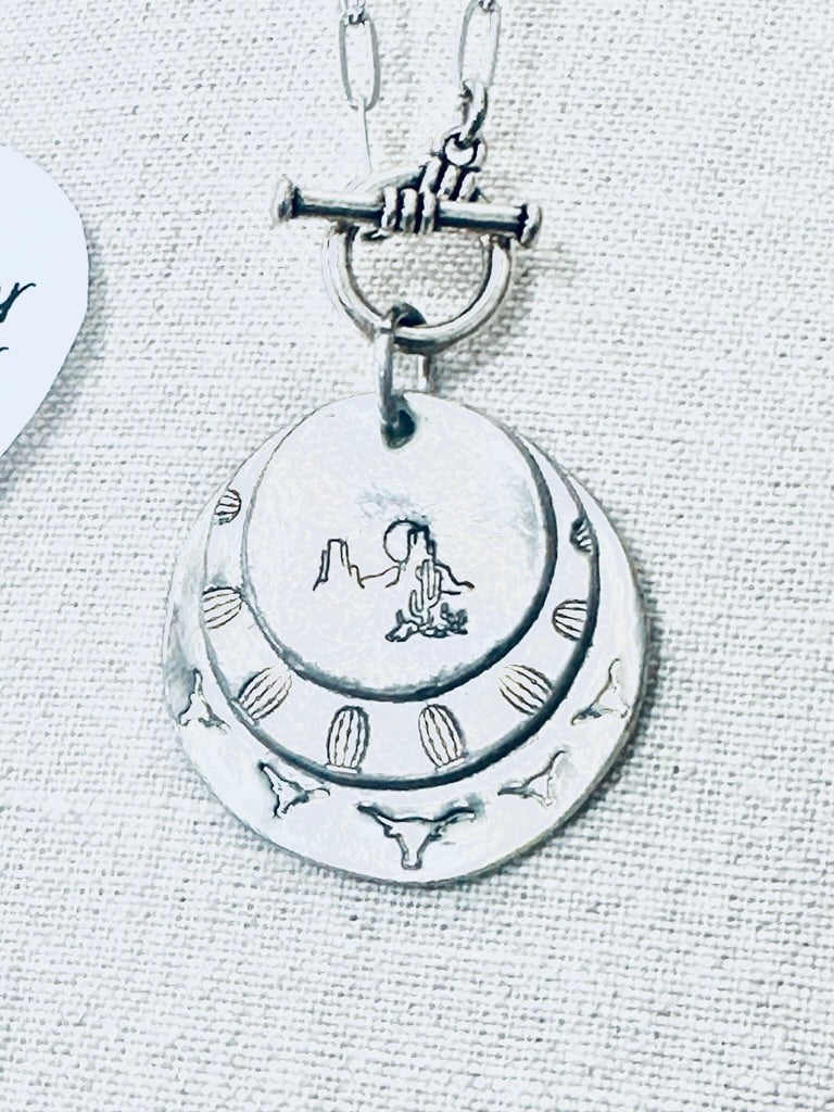 Pewter Necklace, Hand Stamped Desert Scene