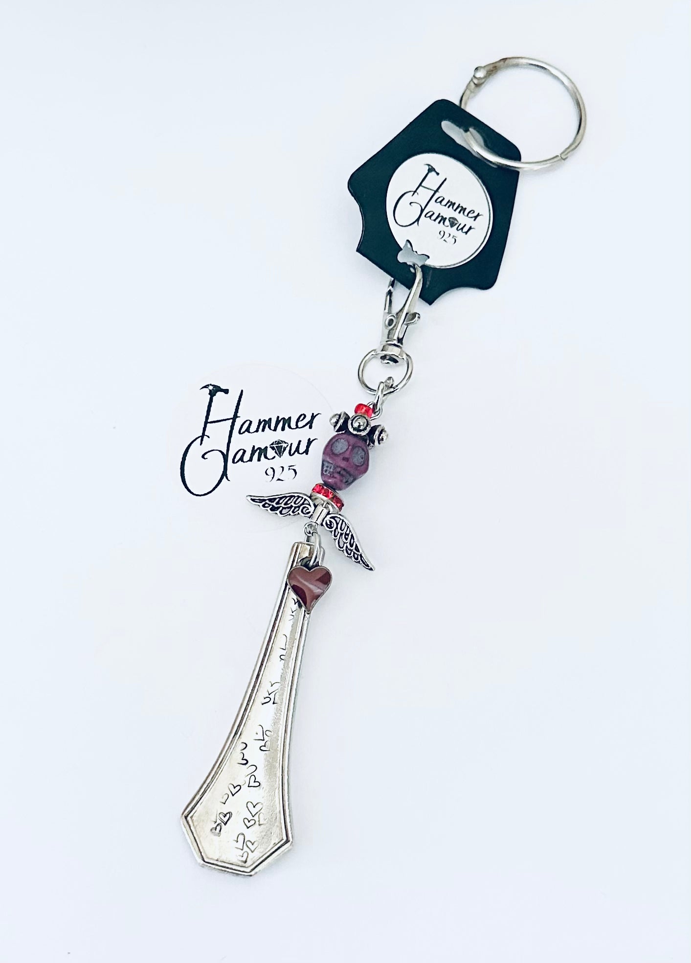 Spoon Handle Keychains, Purse Charm, Hand Stamped Hearts with Purple Skull & Angel Wings