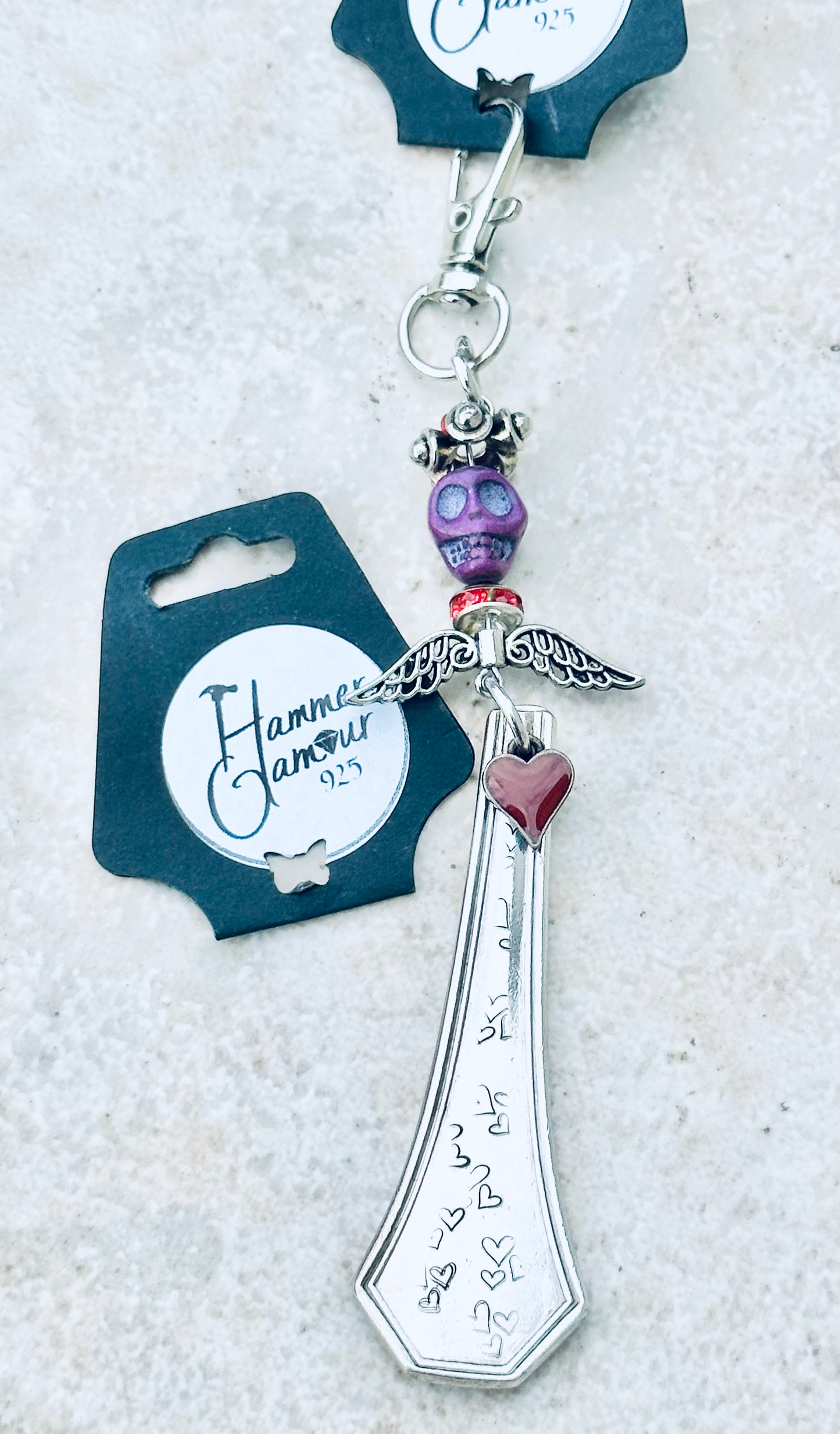 Spoon Handle Keychains, Purse Charm, Hand Stamped Hearts with Purple Skull & Angel Wings