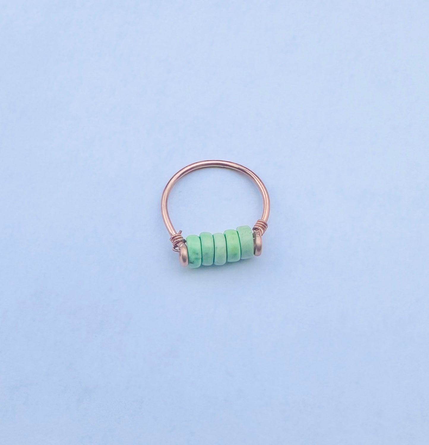 Wire Rings with Green Heishi Beads, Copper Ring, Genuine Shell and Small Flower Bead, Handmade, Custom Sizing