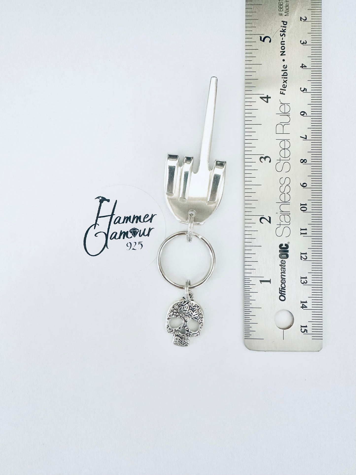 Middle Finger Keychains Made from Vintage Fork. Includes Skull Charm