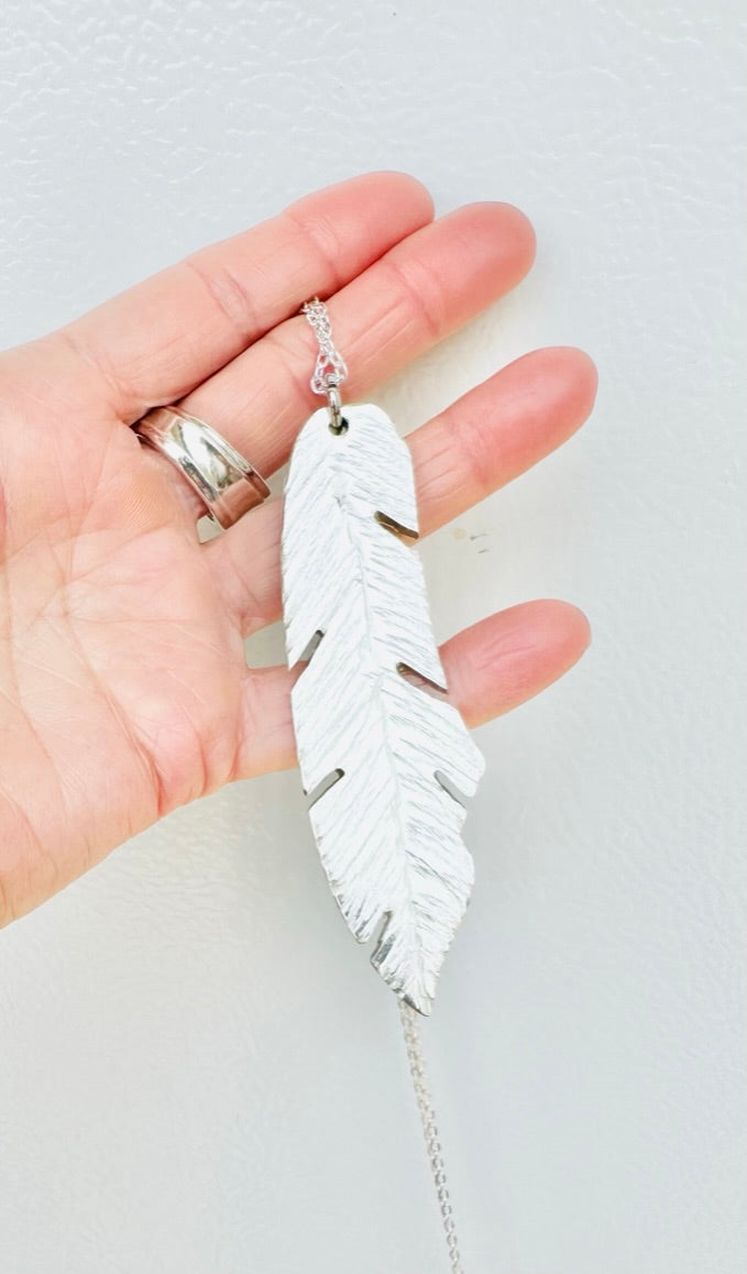 Feather Necklace, Vintage Silver