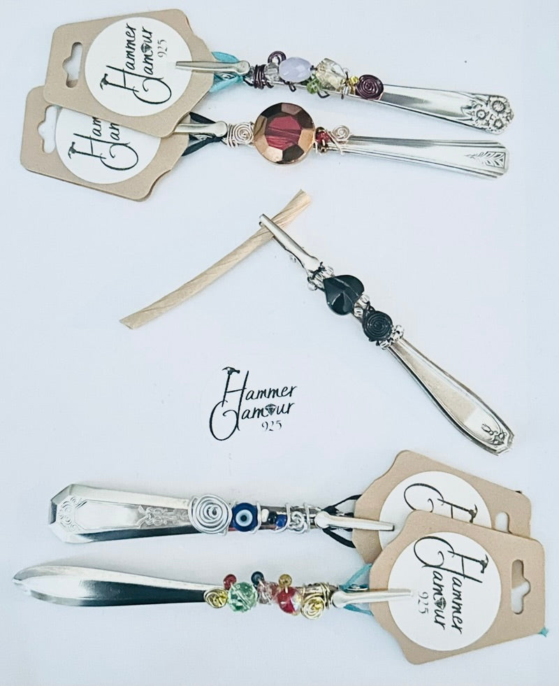 Roach Clips & Bracelet Helpers made from Vintage Spoon Handles, Gem Stones, and Glass Beads