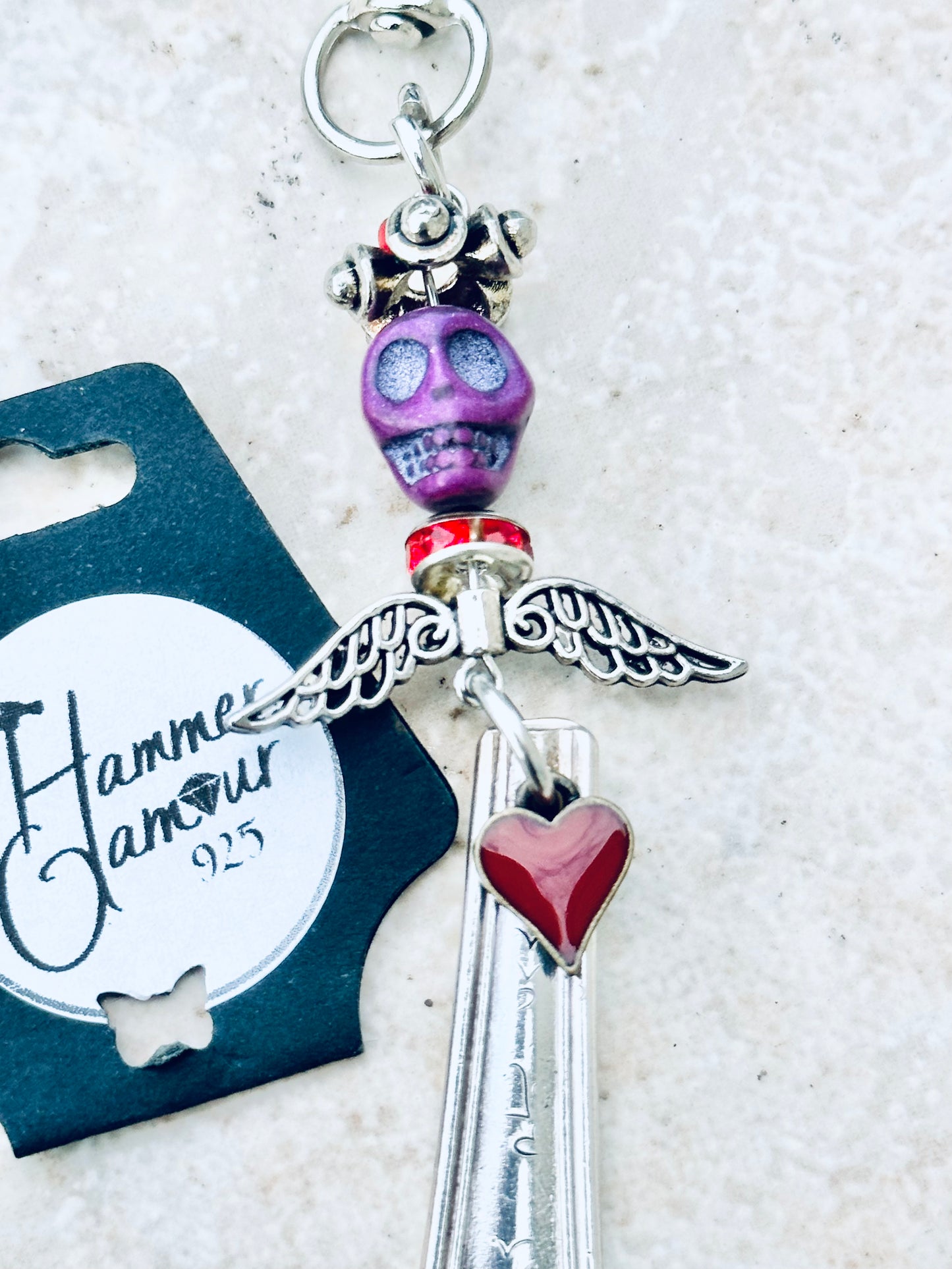 Spoon Handle Keychains, Purse Charm, Hand Stamped Hearts with Purple Skull & Angel Wings