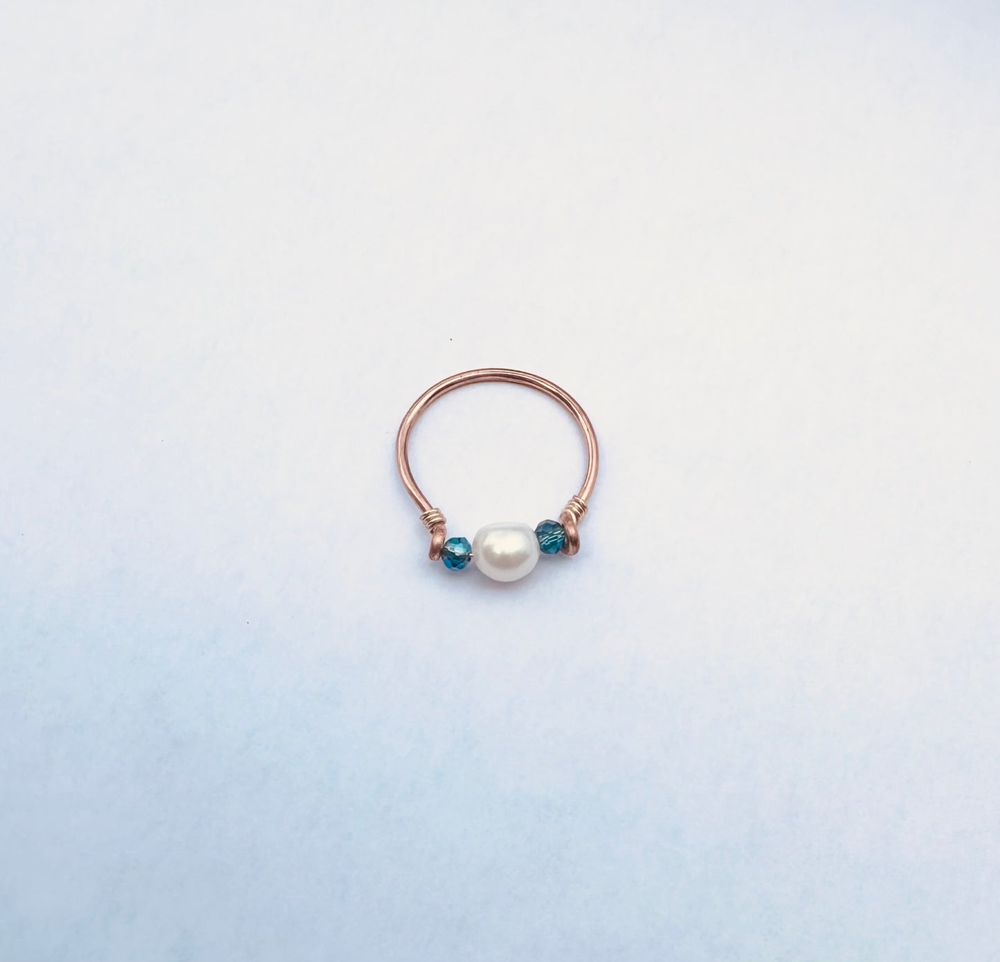 Wire Rings, Antique Copper Ring, Genuine Pearl with Blue Crystal Beads, Handmade, Custom Sizing