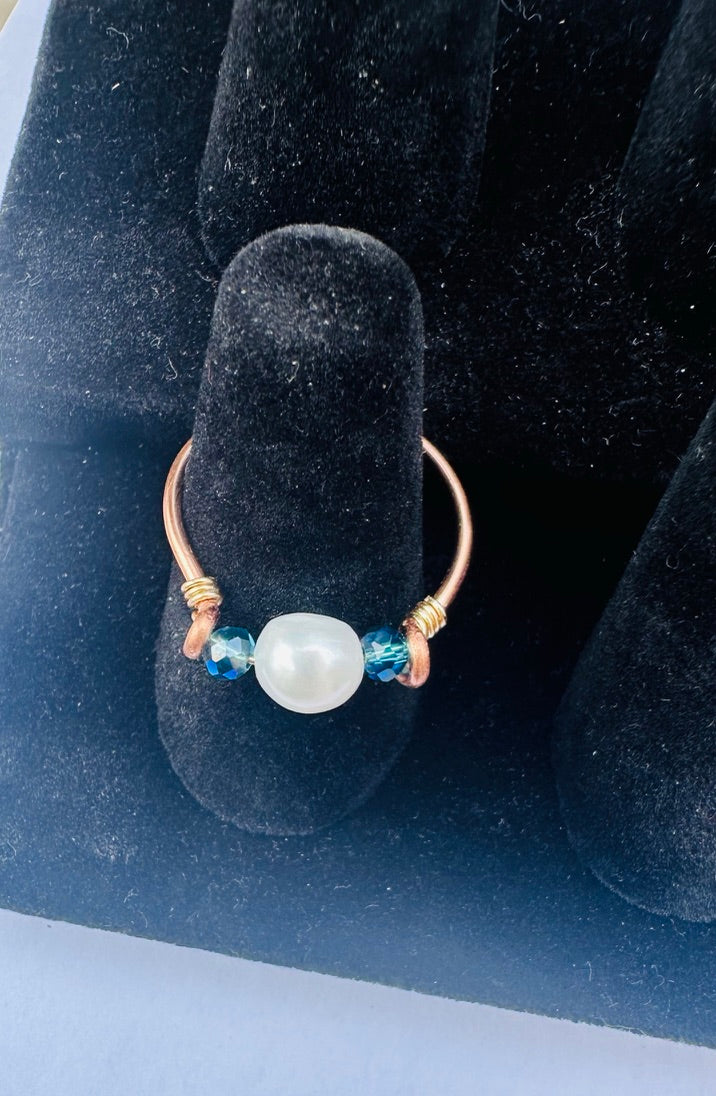 Wire Rings, Antique Copper Ring, Genuine Pearl with Blue Crystal Beads, Handmade, Custom Sizing