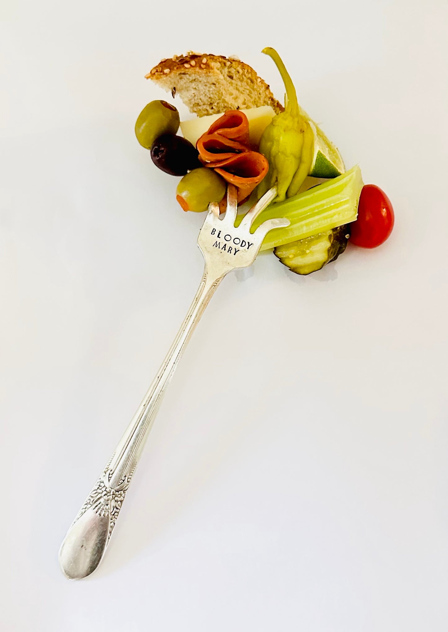 Bloody Mary Fork, Drink Stirrer, Hand Stamped Vintage Silverware