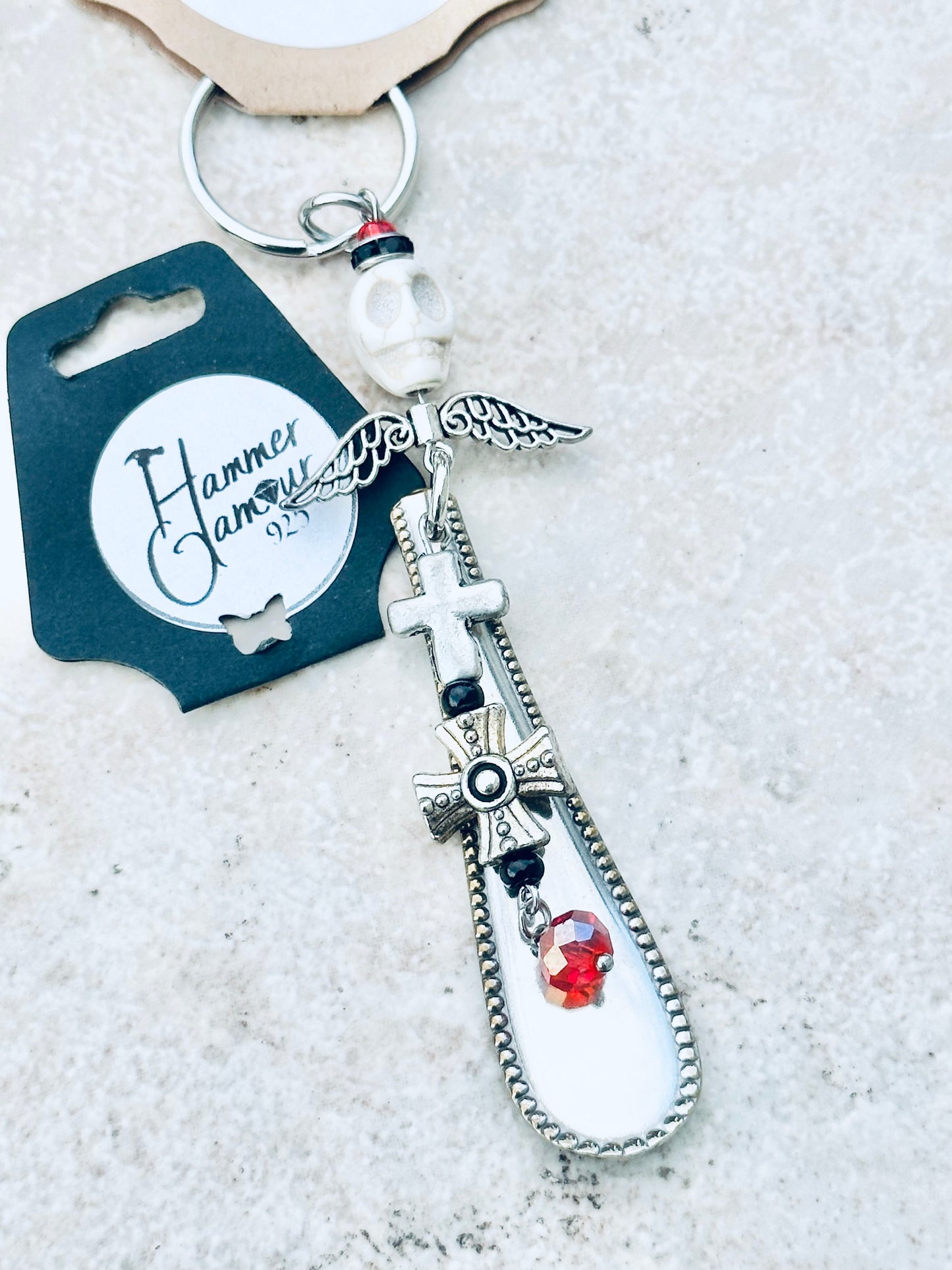 Spoon Handle Keychains, Purse Charm, Hand Stamped. White Skull with Crosses