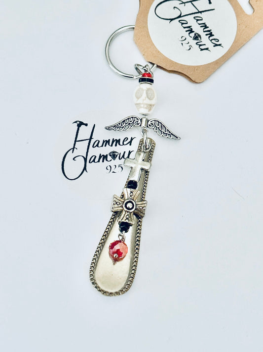 Spoon Handle Keychains, Purse Charm, Hand Stamped. White Skull with Crosses