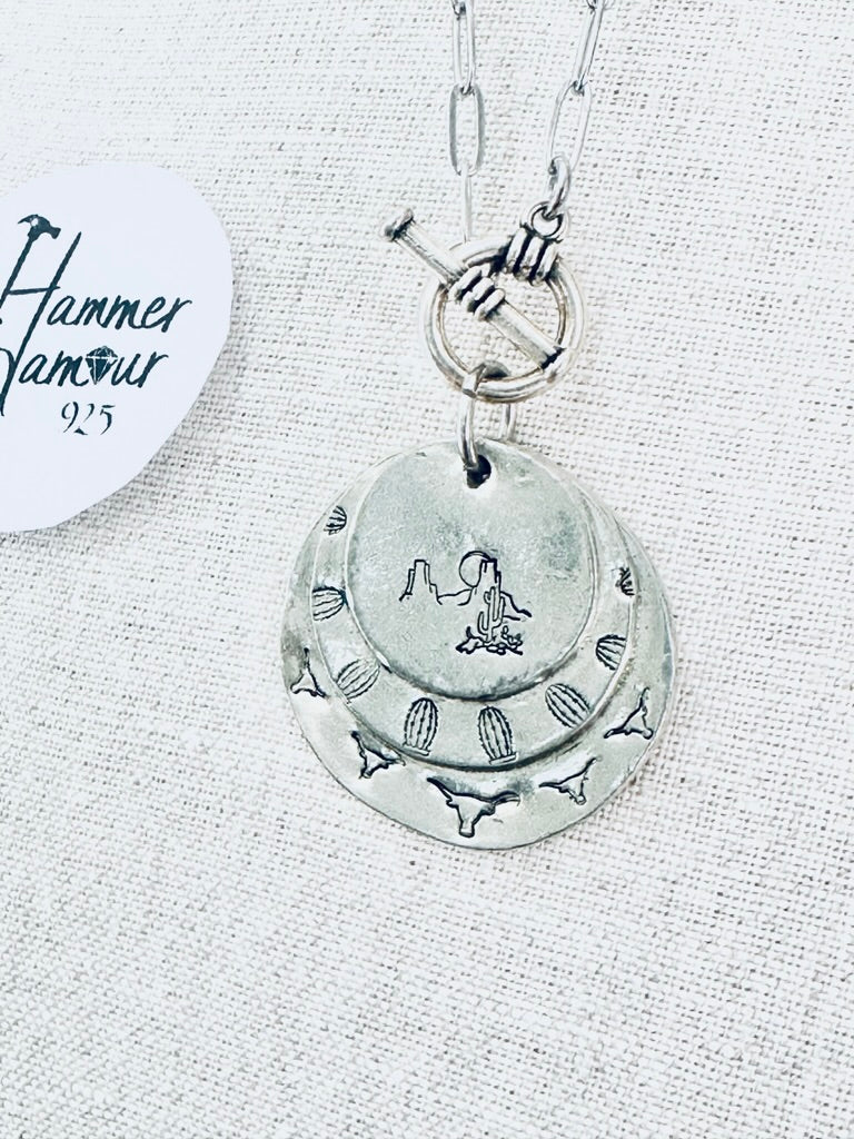 Pewter Necklace, Hand Stamped Desert Scene