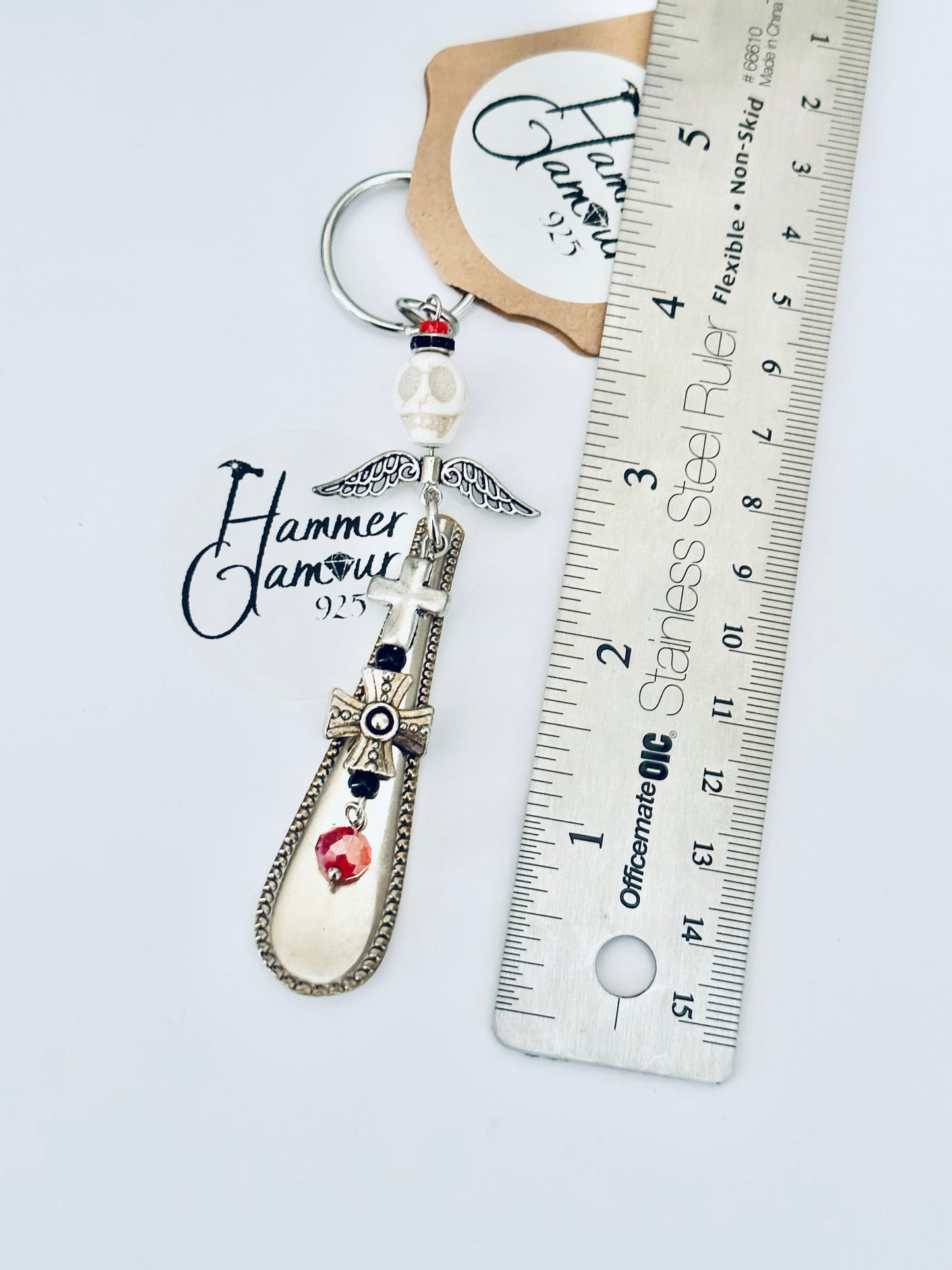 Spoon Handle Keychains, Purse Charm, Hand Stamped. White Skull with Crosses