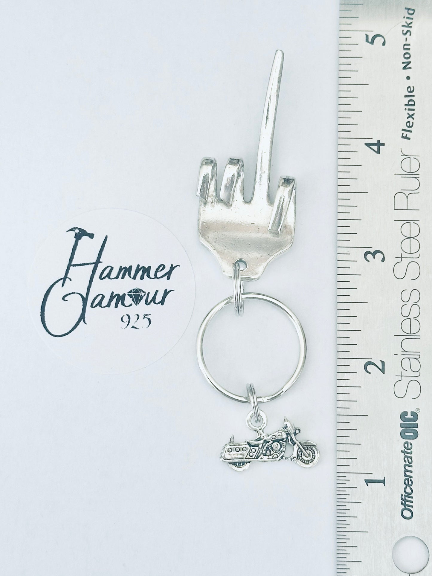 Middle Finger Keychains Made from Vintage Fork. Includes Motorcycle Charm