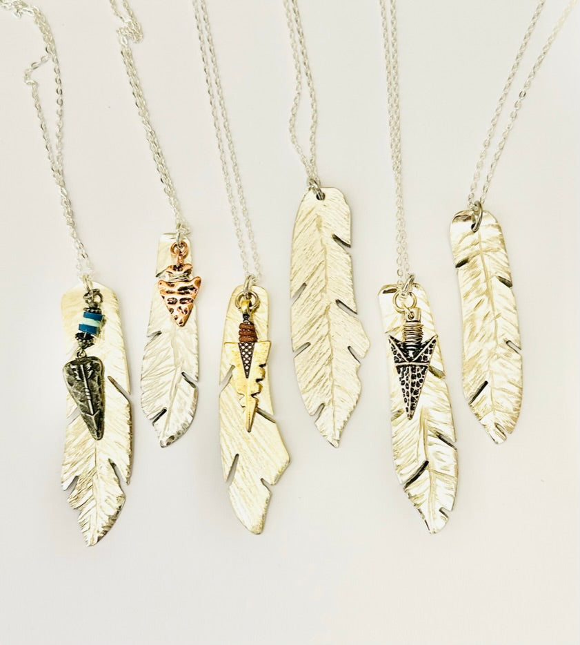 Feather Necklace with Silver Arrowhead, Vintage Silver