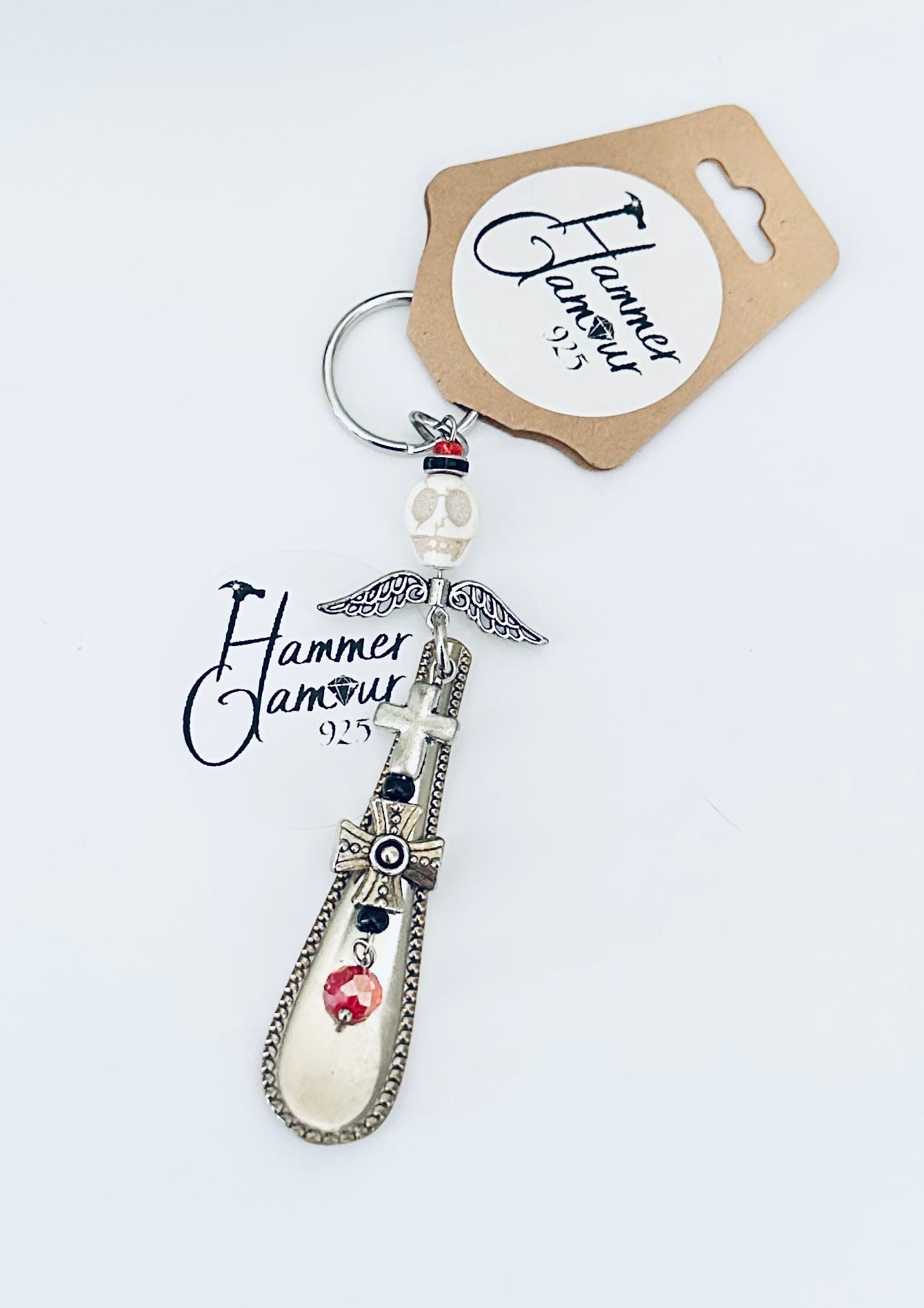 Spoon Handle Keychains, Purse Charm, Hand Stamped. White Skull with Crosses