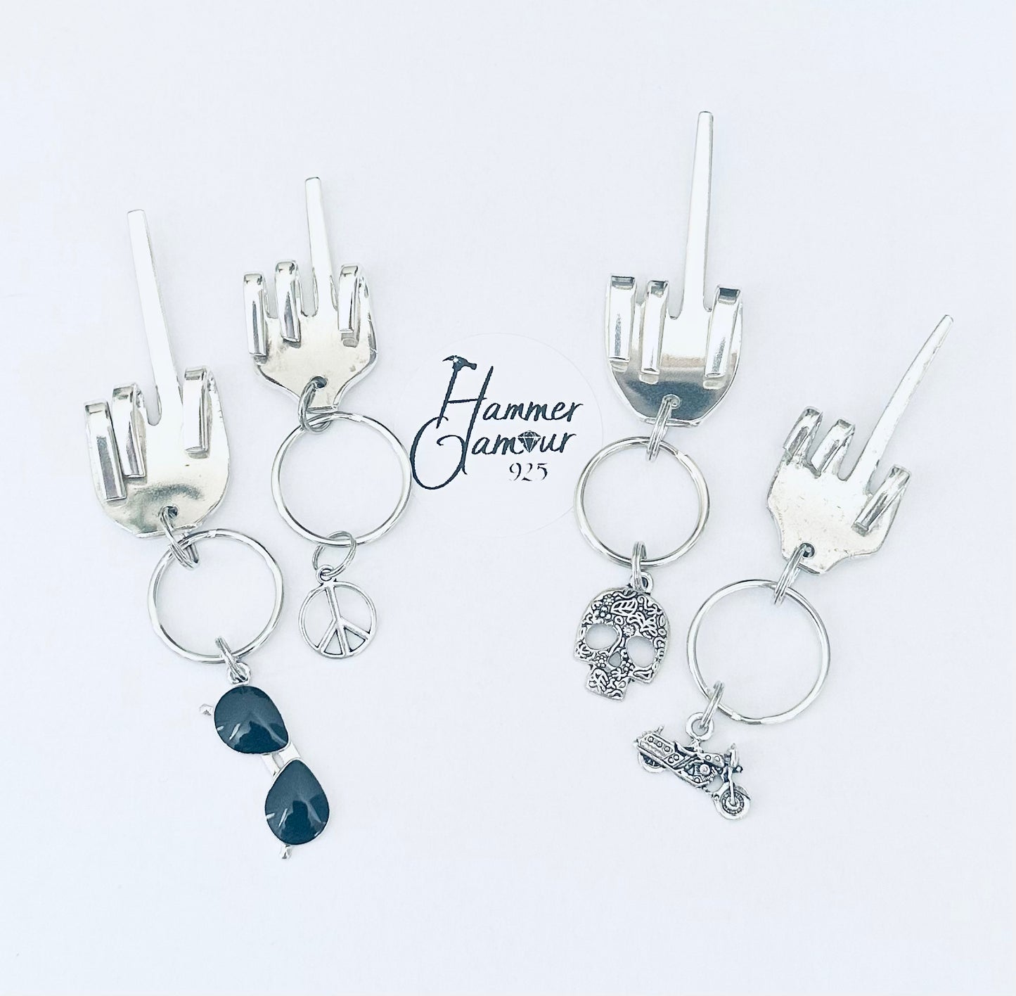 Middle Finger Keychains Made from Vintage Fork. Includes Aviator Sunglasses Charm