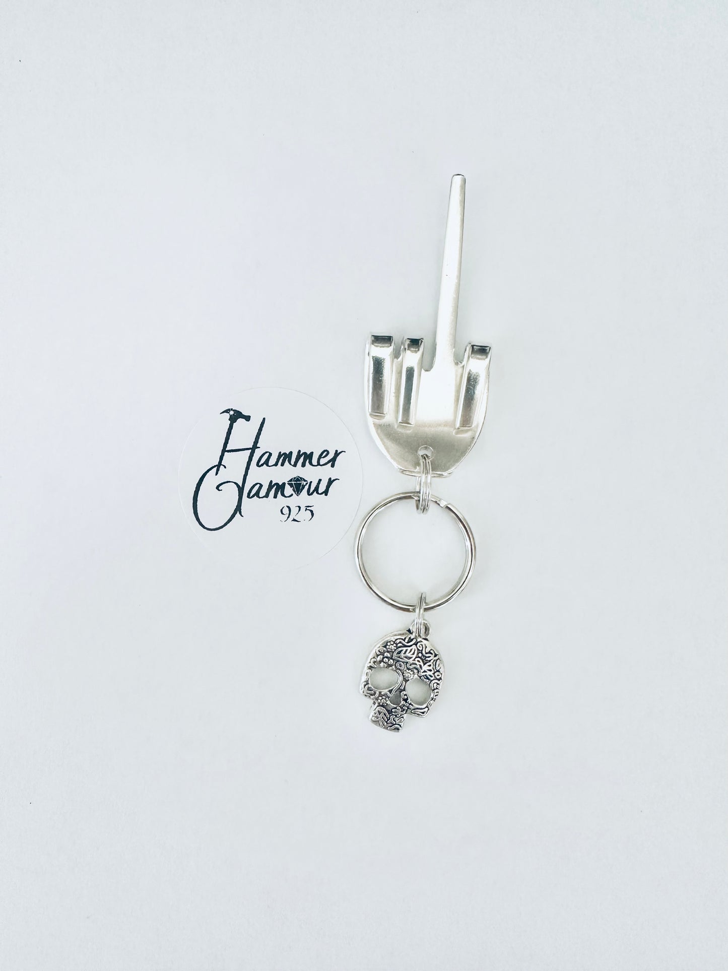 Middle Finger Keychains Made from Vintage Fork. Includes Skull Charm