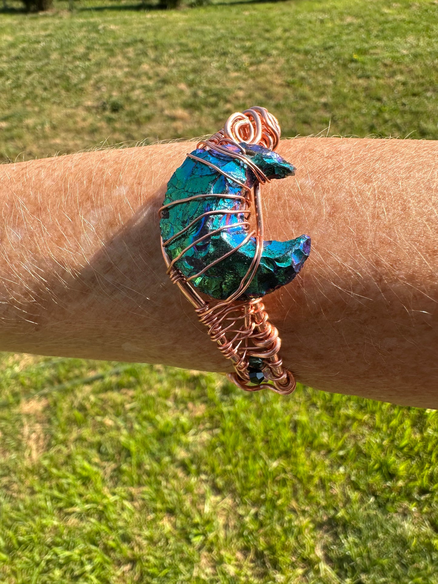 Copper Cuff Bracelet w/Aura Obsidian Moon Gemstone