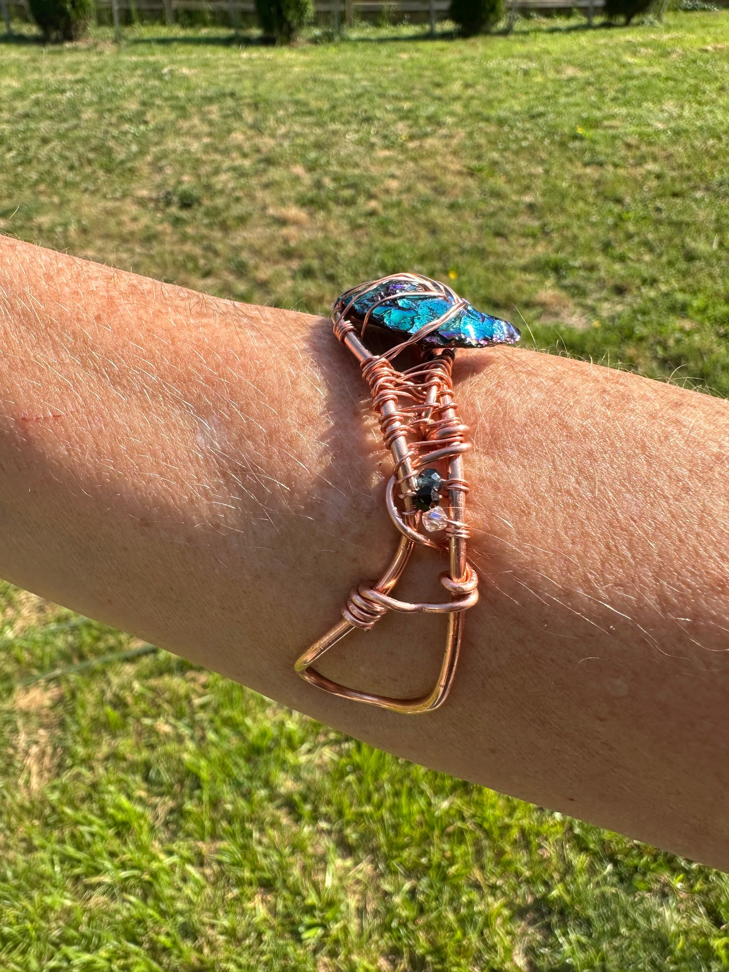 Copper Cuff Bracelet w/Aura Obsidian Moon Gemstone