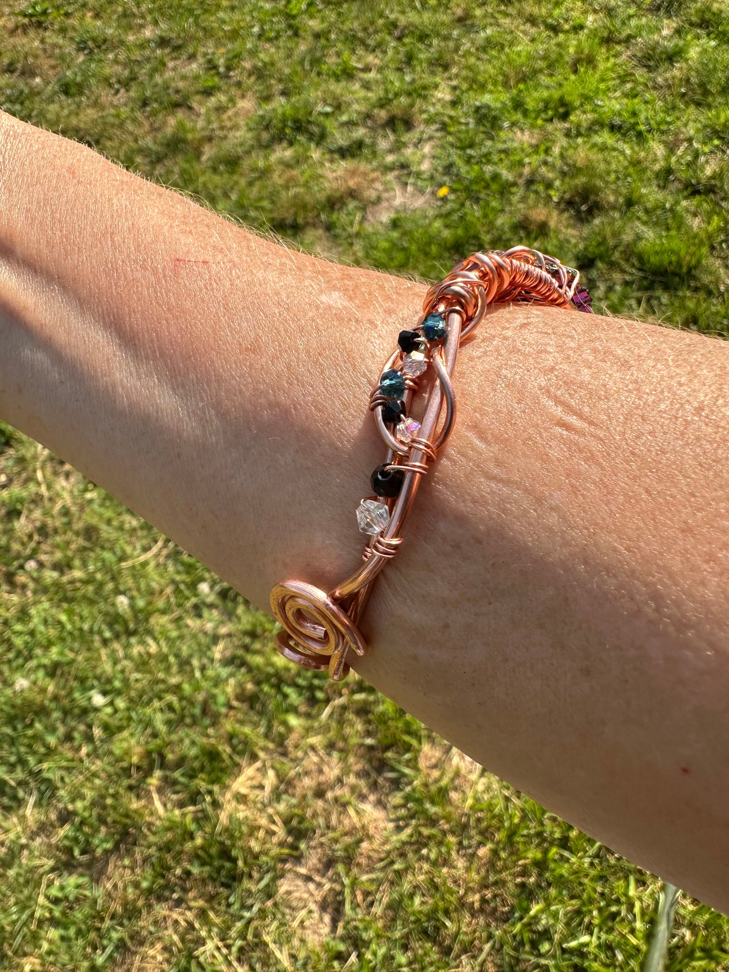 Copper Cuff Bracelet w/Aura Obsidian Moon Gemstone