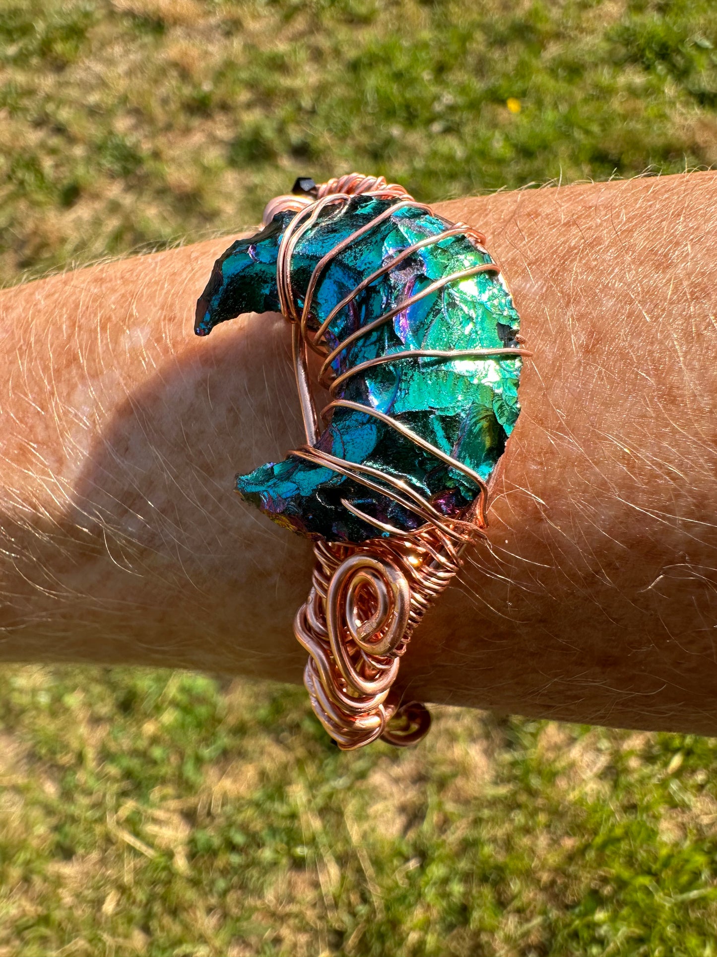 Copper Cuff Bracelet w/Aura Obsidian Moon Gemstone