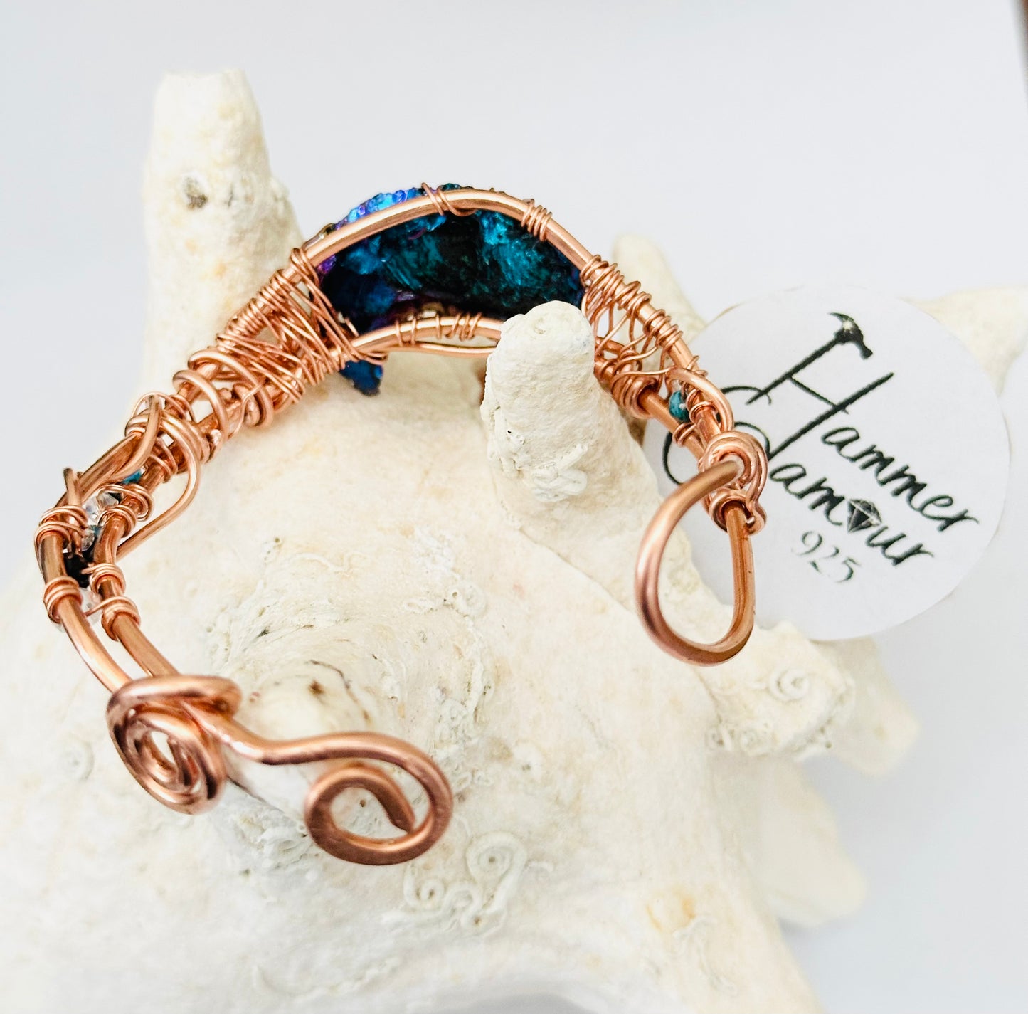 Copper Cuff Bracelet w/Aura Obsidian Moon Gemstone