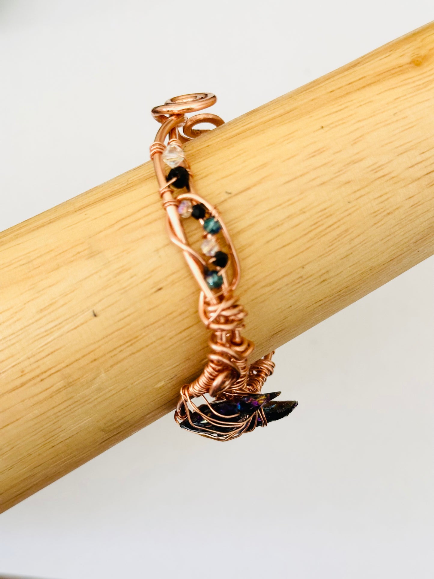 Copper Cuff Bracelet w/Aura Obsidian Moon Gemstone