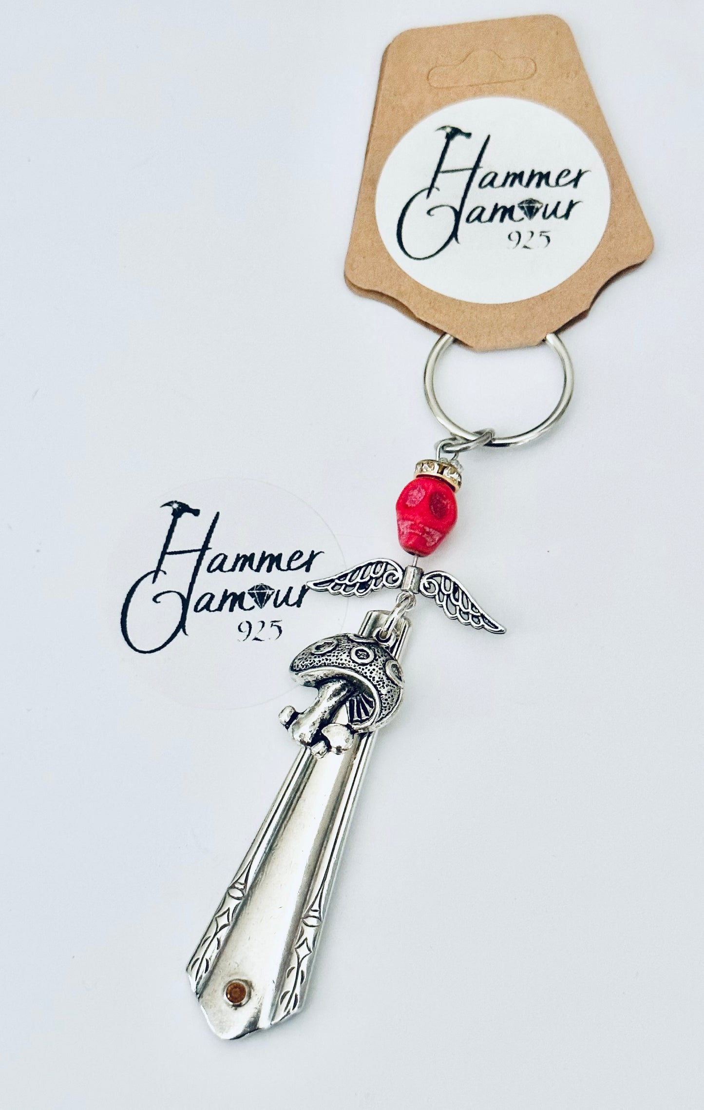 Spoon Handle Keychains, Purse Charm, Back Pack Charm, Red Bone Skull & Mushroom