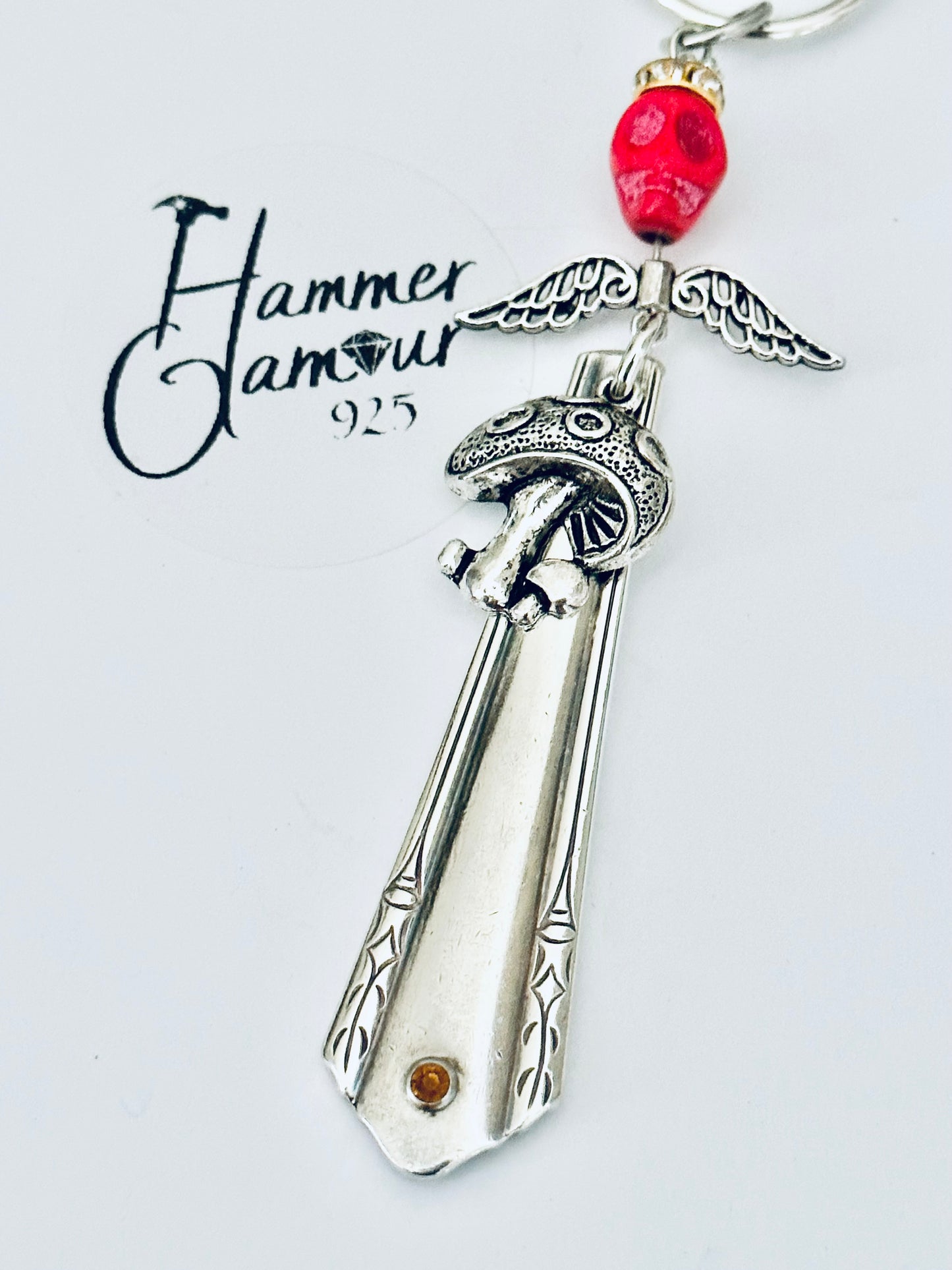 Spoon Handle Keychains, Purse Charm, Back Pack Charm, Red Bone Skull & Mushroom