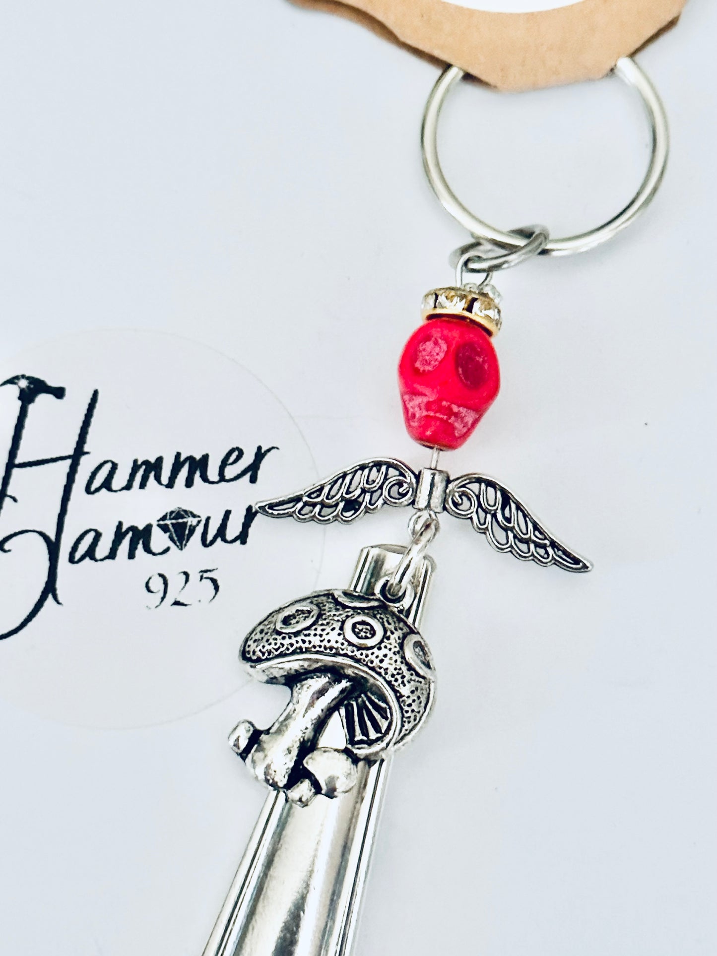 Spoon Handle Keychains, Purse Charm, Back Pack Charm, Red Bone Skull & Mushroom