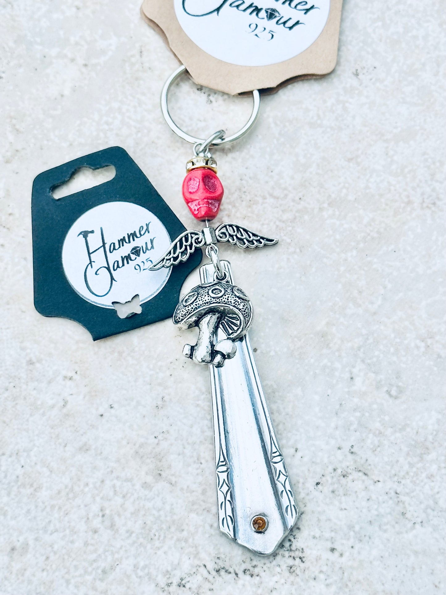 Spoon Handle Keychains, Purse Charm, Back Pack Charm, Red Bone Skull & Mushroom