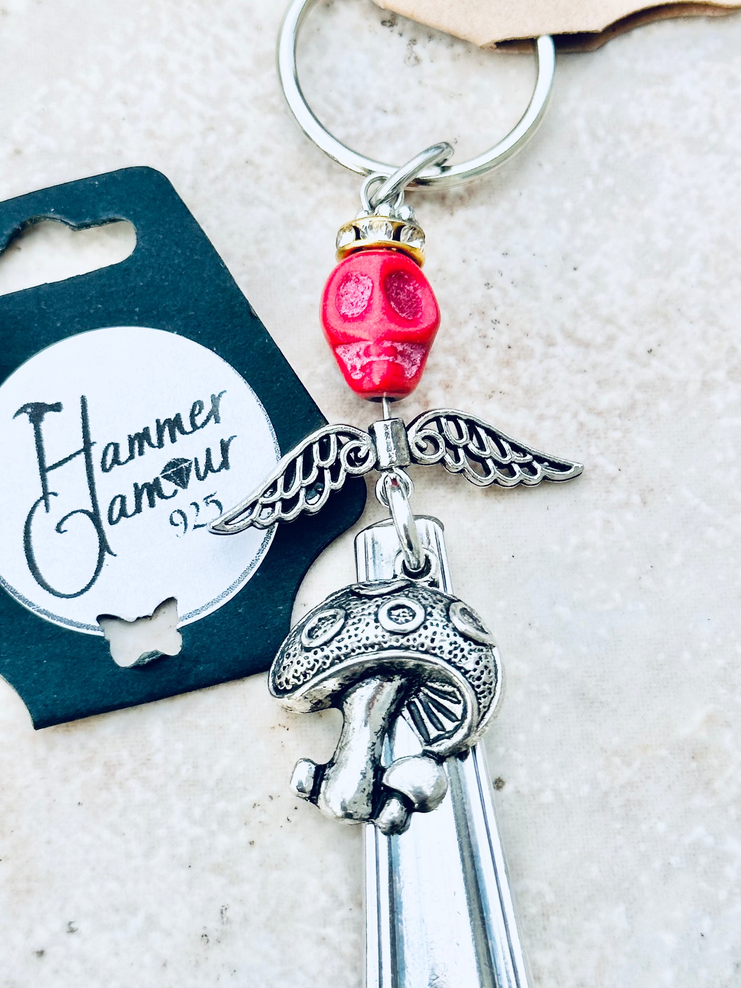 Spoon Handle Keychains, Purse Charm, Back Pack Charm, Red Bone Skull & Mushroom