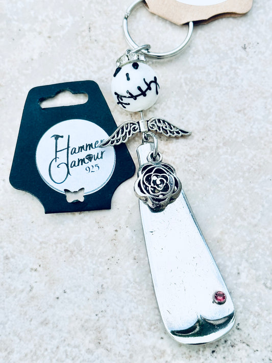 Spoon Handle Keychains, Purse Charm, Back Pack Charm, Skeleton Head & Rose