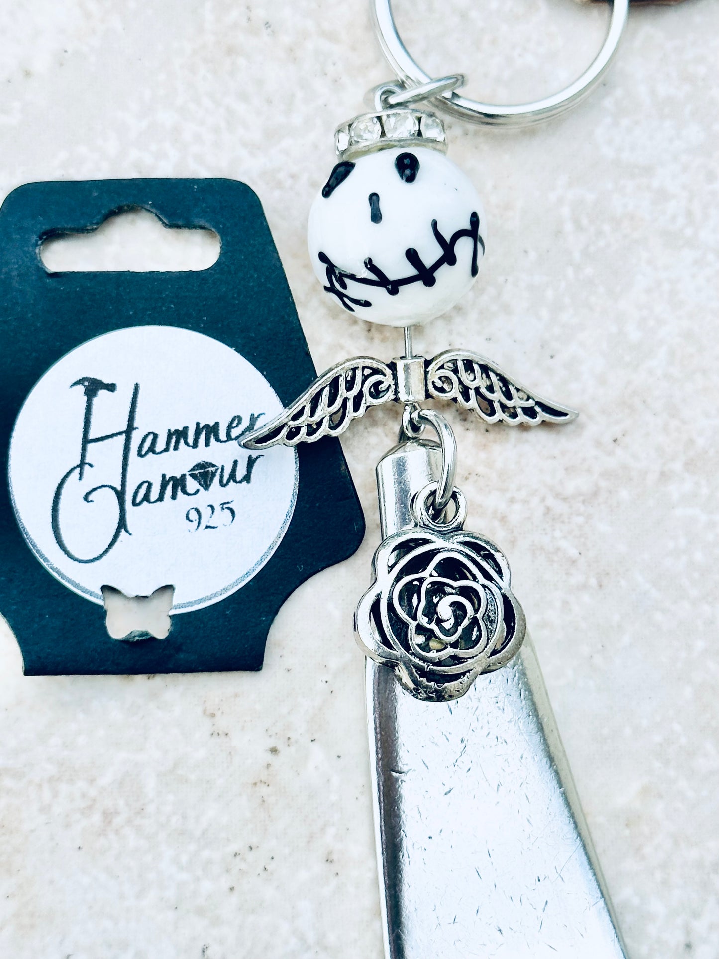 Spoon Handle Keychains, Purse Charm, Back Pack Charm, Skeleton Head & Rose