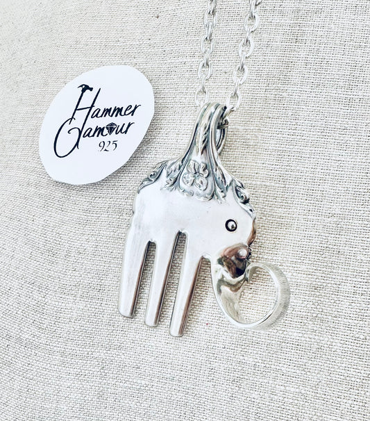 Elephant Necklace, Handmade from Vintage .925 Silver Plated Fork