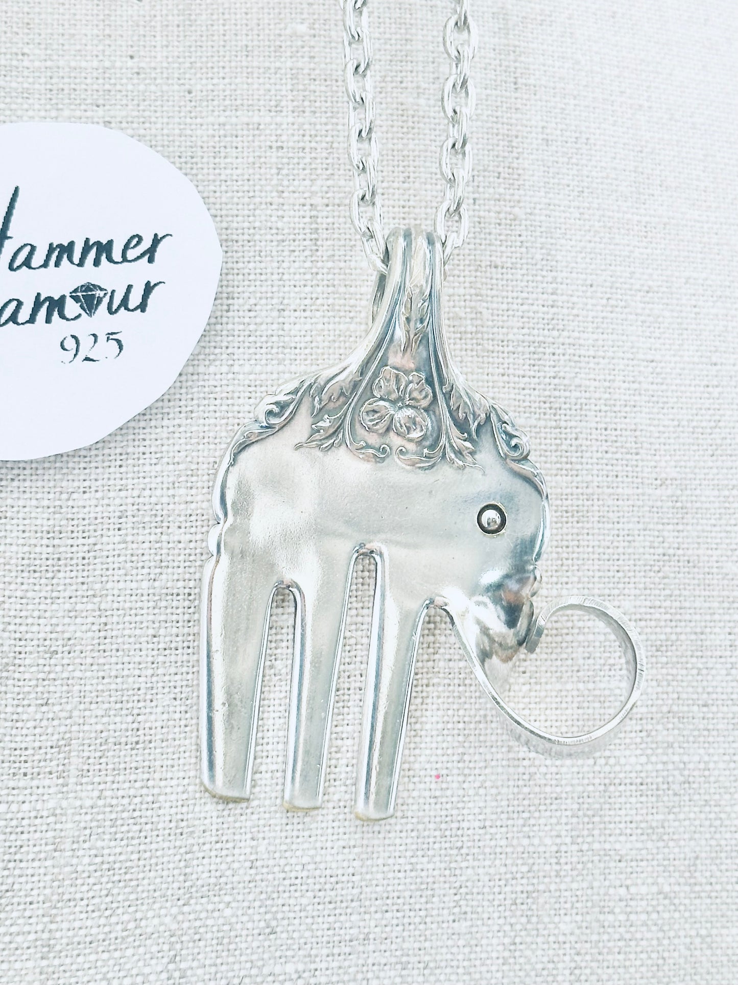 Elephant Necklace, Handmade from Vintage .925 Silver Plated Fork