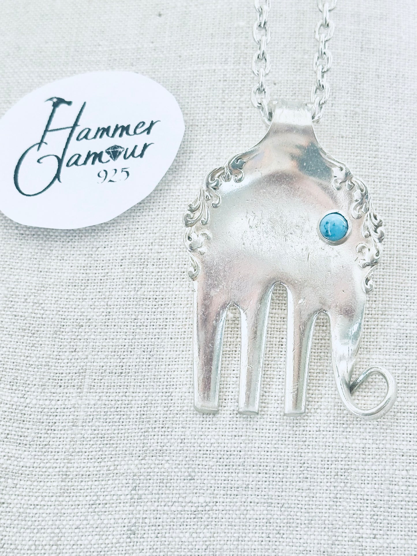 Elephant Necklace, made from Vintage .925 Silver Plated Fork, with Genuine Turquoise Stone