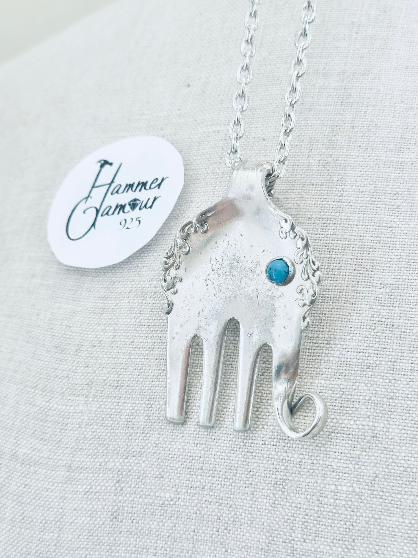 Elephant Necklace, made from Vintage .925 Silver Plated Fork, with Genuine Turquoise Stone