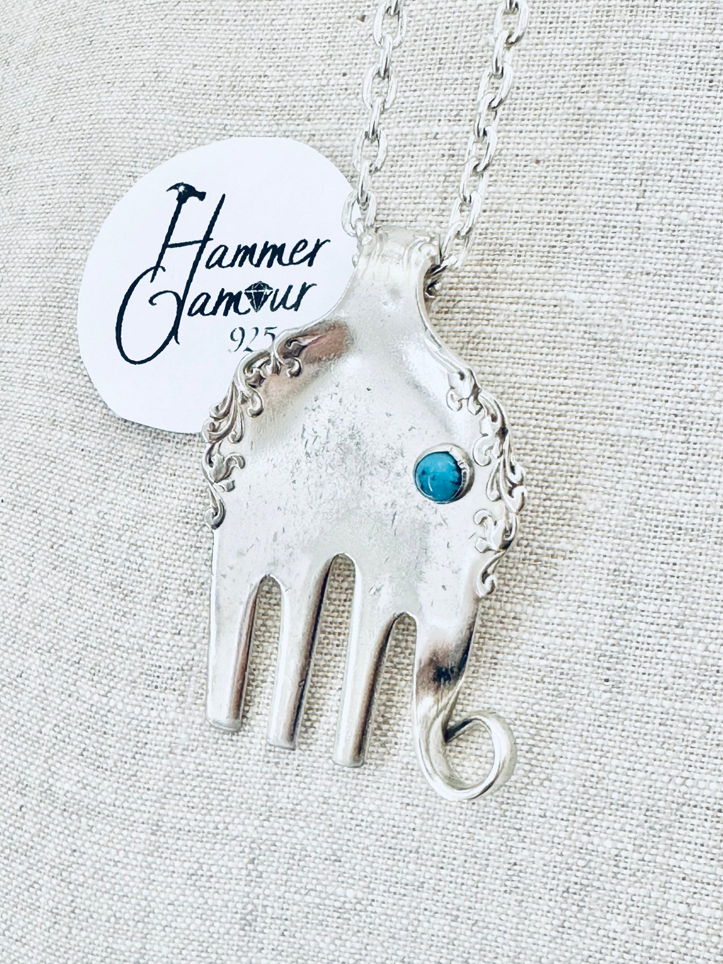 Elephant Necklace, made from Vintage .925 Silver Plated Fork, with Genuine Turquoise Stone