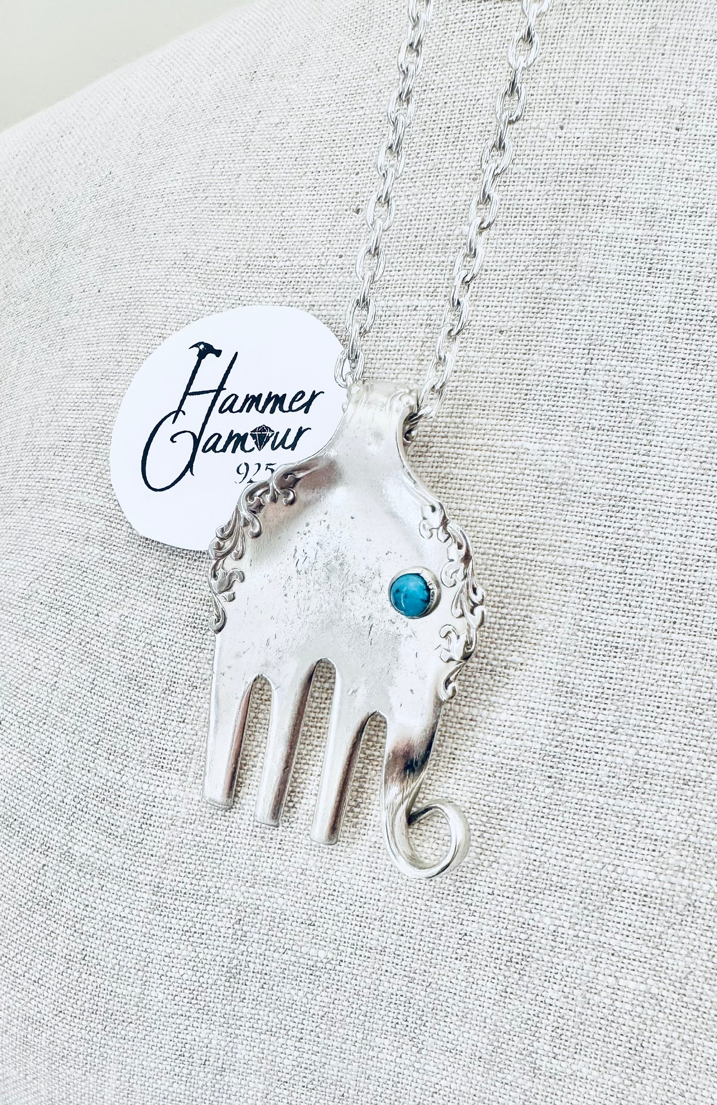 Elephant Necklace, made from Vintage .925 Silver Plated Fork, with Genuine Turquoise Stone