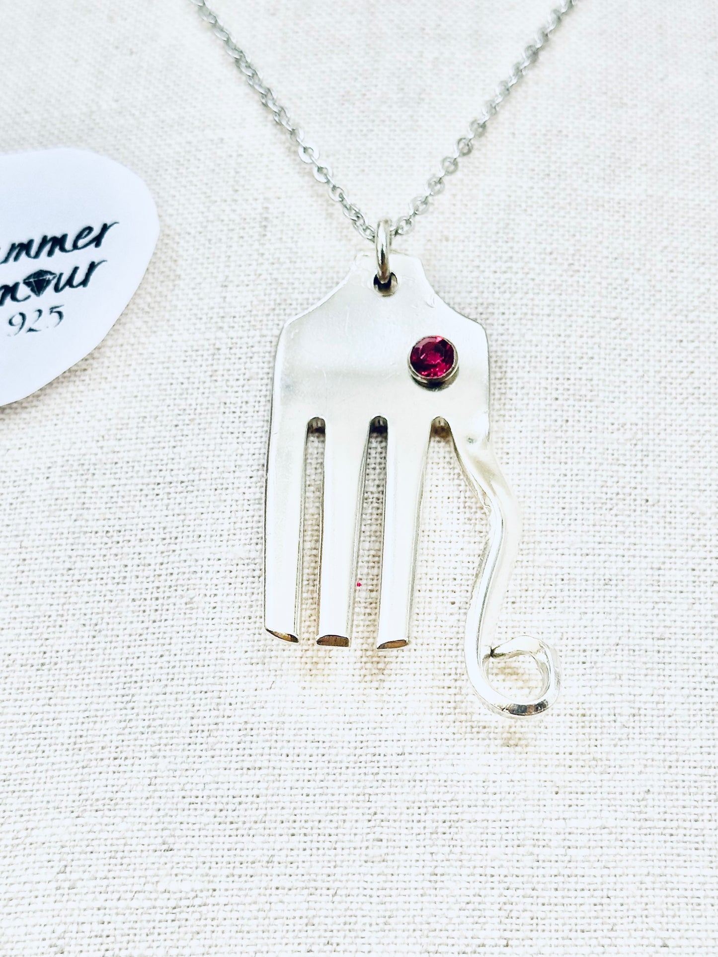 Elephant Necklace, made from Vintage .925 Silver Plated Fork and Pink Crystal